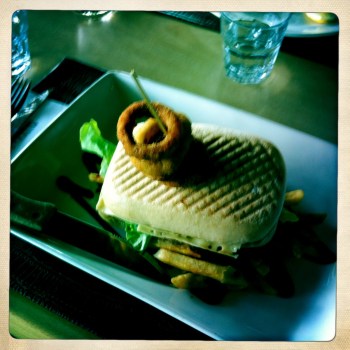 Steak Burger - Chargrilled Rib Fillet, Fresh Grated Beetroot, Roma Tomato, Balsamic Onion, Swiss Cheese, Lettuce and Paw Paw Chutney in a Toasted Turkish Roll with Chips and Smokey BBQ Sauce