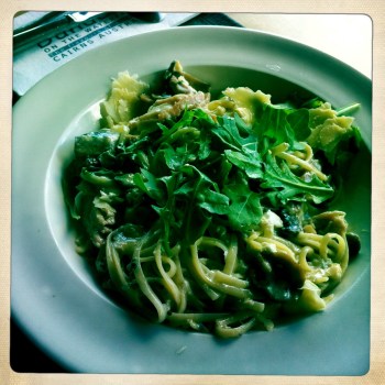 Bacon and Mushroom Linguine which was Sauteed Bacon, Mushroom and Baby Spinach in a White Wine and Creamy Sauce Finished with Green Eschallots