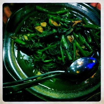 Kang Kong Greens - Water spinach stir-fried with yellow soya beans, garlic and chilli