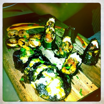 Tasting Platter with Chargrilled Scallops, Bacon Stuffed Zucchini and Mushrooms with Thyme and Parmesan