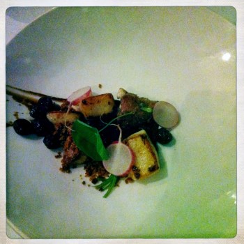 Malt Roasted Scallops with Veal Sweetbreads, Gingerbread, Pickled Raisins and Warmed Radishes