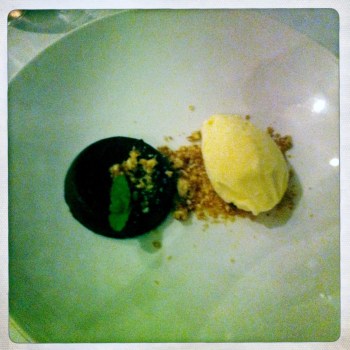 Daintree Estate Chocolate Fondant with Creme Fraiche Ice Cream and Hazlenut Praline