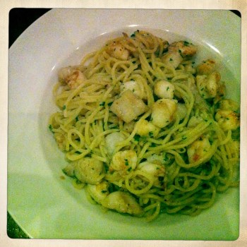 Spaghetti Alla Pescatora - "Fisherman Style" with Prawns, Fish, Garlic and Chilli lightly panfried in Olive Oil for AU$19.50