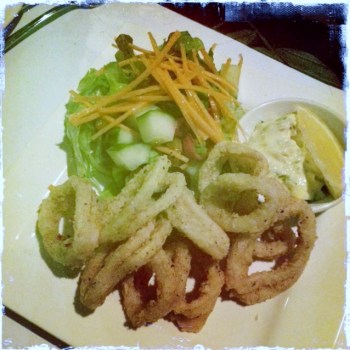 Salt and Pepper Squid lightly fried with our Chef's special Garlic Mayo and Mixed Greens (AU$16.50)