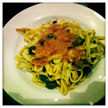 Fettuccine Puttanesca with a tasty Mediterranean sauce of garlic, basil, capers, olives, anchovies, oregano, chilli and Napoli sauce for AU$13.40