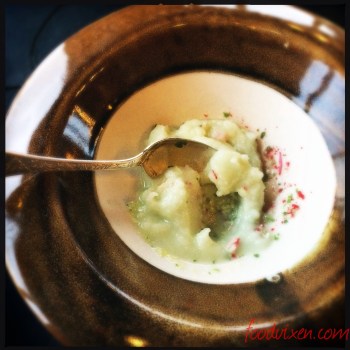 Palate cleanser of fresh lemon balm, baby parsley shoots, wood sorrel, pineapple sage flowers and tiny lime grains over which liquid nitrogen was poured
