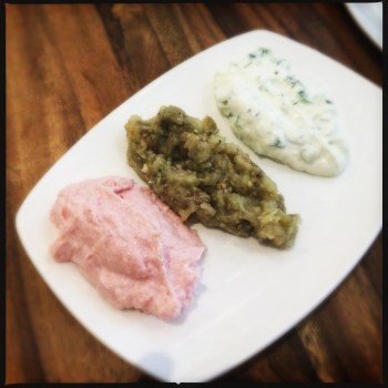 Three Dips: Tzatziki, Taramosalata, Eggplant
