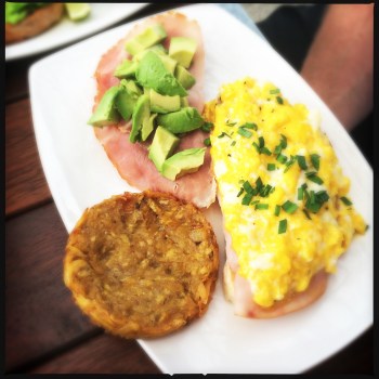 Broken eggs, wood-fired bread with local avocado (AU$12) plantain rosti and double smoked ham (both $3 extra)