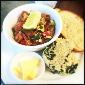 Local Salmon Poke with Wood-fired Ciabatta for AU$9 (Kale and Quinoa side salad extra $3)