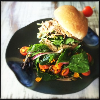 Shredded Organic Chicken *ahem Pork* in an Ash Roll with Mixed Baby Leave, Lime and Yuzu Mayonnaise for $15