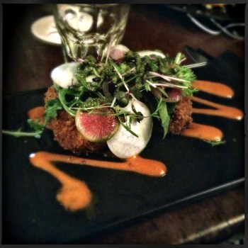 Entrée - Panko Crumbed Barramundi Croquettes, Smoked Capsicum Coulis, Basil Pesto, Watercress and Radish Salad