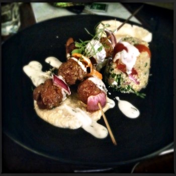 Main - Lamb Kalamaki - Greek Style Marinated Lamb Skewers, Tomato/Quinoa Tabouli, Almond Skordalia, Grilled Pita and Garlic Yogurt