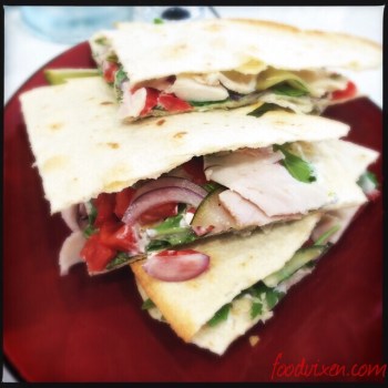 Poached Chicken, Avocado, Red Onion, Tomato, Yogurt, Rocket and Pickled Cucumber - Quesadilla style